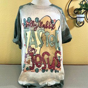 NEW ADULT UNISEX LARGE Tee "Silly Rabbit Easter is for Jesus" Bleached & Subbed